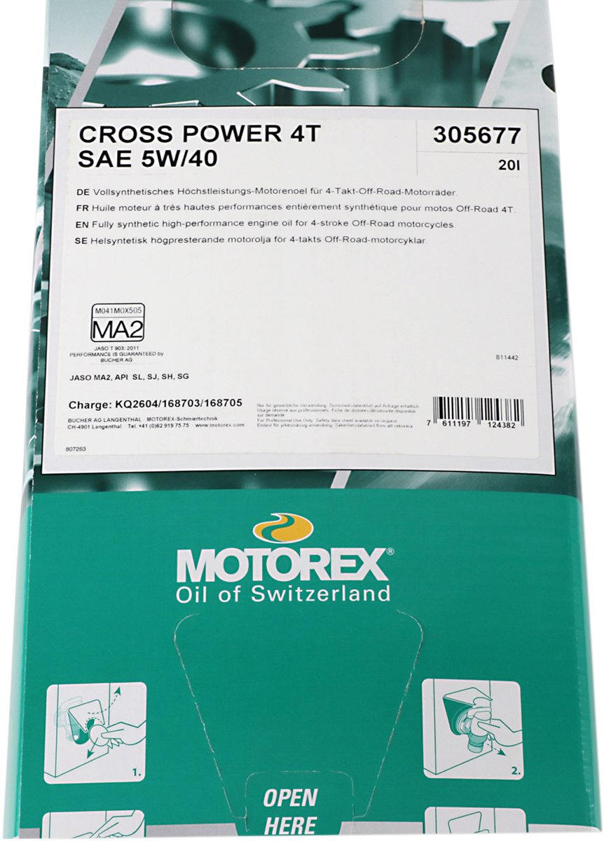 MOTOREX Cross Power Synthetic 4T Engine Oil - 5W-40 - 20L Dispenser Box 196065