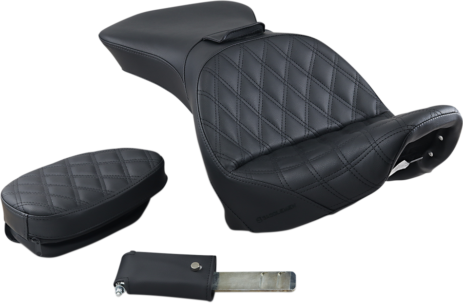 SADDLEMEN Explorer Seat - With Backrest - Lattice Stitched - Black - FLSTS 800-23-030LS