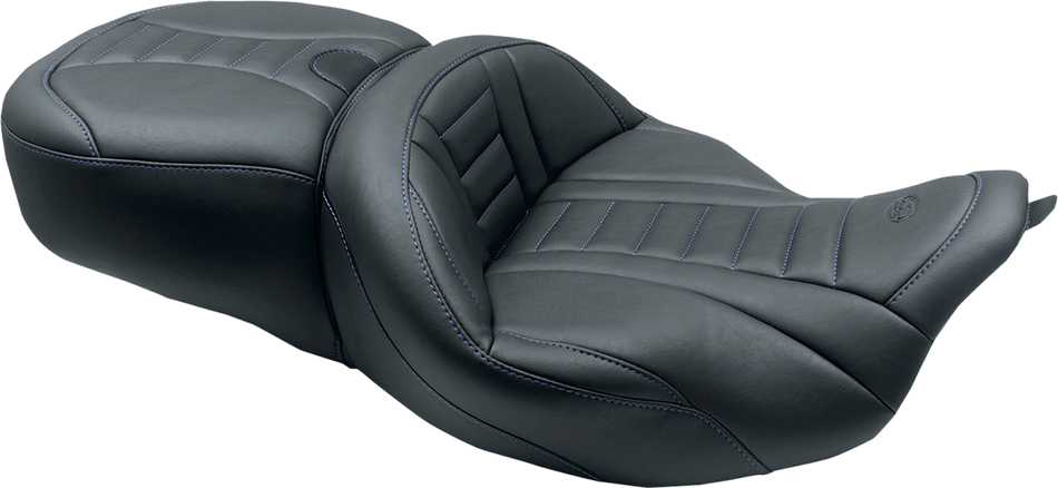 MUSTANG One-Piece Deluxe Touring Seat - Black w/ Sky Blue Stitching 79006SB