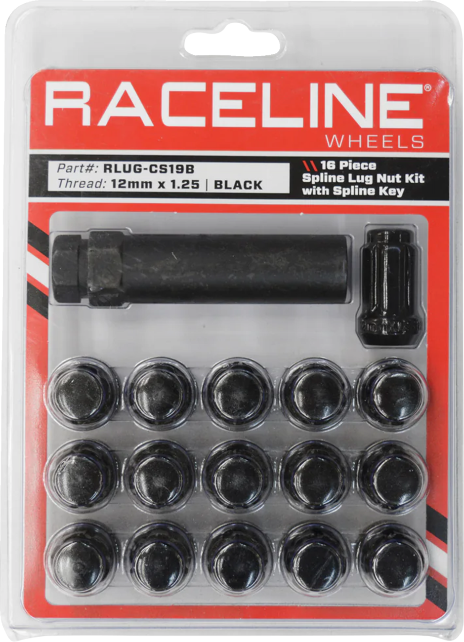 RACELINE WHEELS Lug Nuts - Spline Socket - 12 mm x 1.25 - with Spline Key - Black - 16 Pack RLUG-CS19B