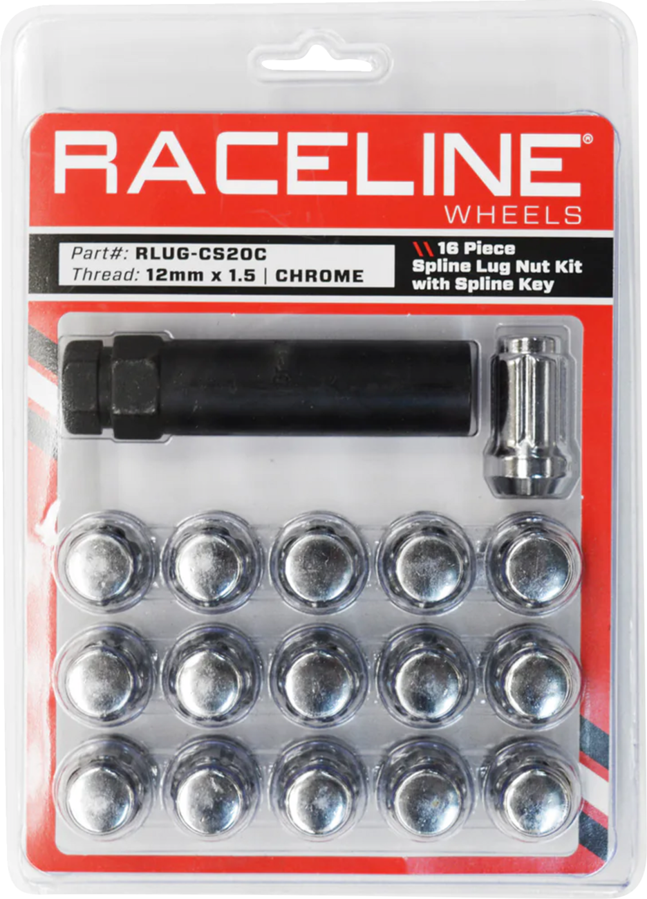 RACELINE WHEELS Lug Nuts - Spline Socket - 12 mm x 1.5 - with Spline Key - Chrome - 16 Pack RLUG-CS20C