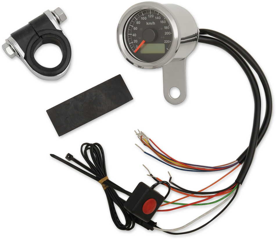 DRAG SPECIALTIES 1-7/8" Programmable Speedometer with Indicator Lights - Stainless Steel - 220 KPH LED Black Face 77759K