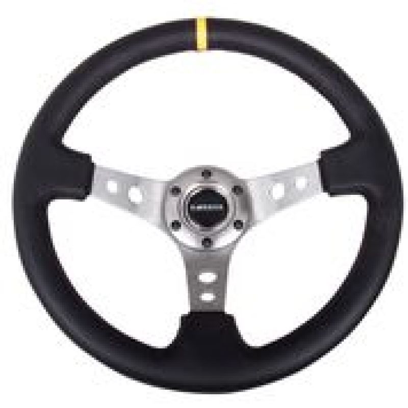 NRG Reinforced Steering Wheel (350mm / 3in. Deep) Blk Leather w/Gunmetal Cutout Spoke & Yellow CM RST-006GM-Y