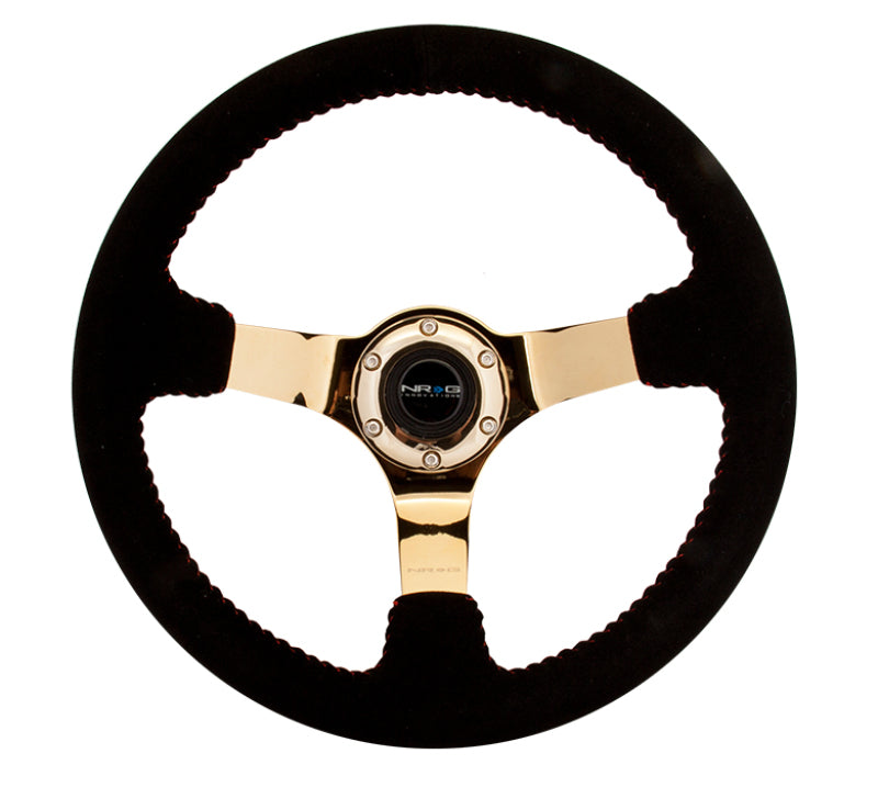 NRG Reinforced Steering Wheel (350mm / 3in. Deep) Blk Suede w/Red BBall Stitch & Chrome Gold 3-Spoke RST-036GD-S