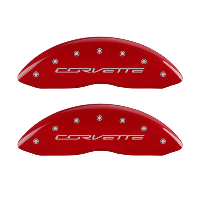 MGP 4 Caliper Covers Engraved Front & Rear C7/Corvette Red finish silver ch 13009SCV7RD