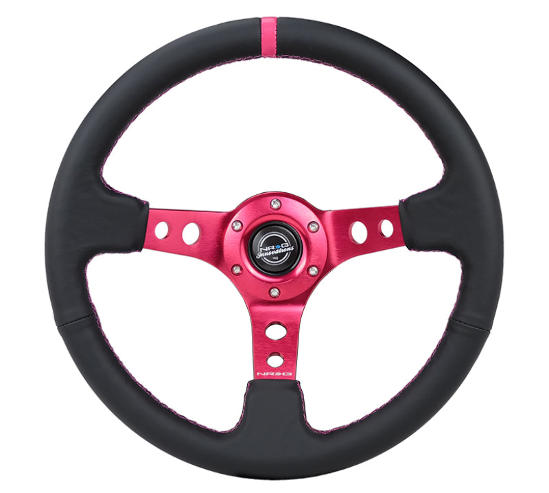 NRG Reinforced Steering Wheel (350mm/3in. Deep) Black Leather/ Fushia Center Mark/ Fushia Stitching RST-006FH