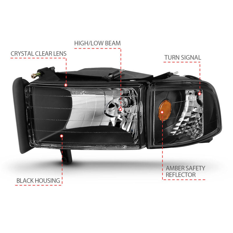 ANZO 1994-2001 Dodge Ram Crystal Headlights Black 111067