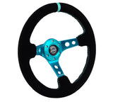 NRG Reinforced Steering Wheel (350mm/ 3in. Deep) Black Suede/ Teal Center Mark/ Teal Stitching RST-006S-TL