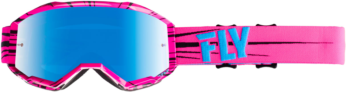 FLY RACING Zone Goggle Pink/Blaugrün mit himmelblau verspiegelten Gläsern und Pfosten FLA-018