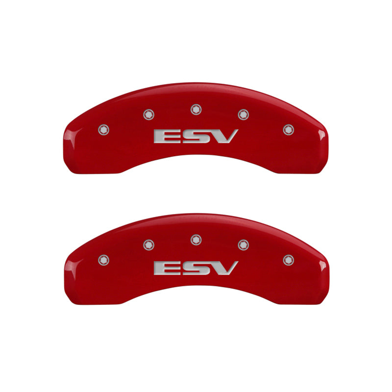 MGP 4 Caliper Covers Engraved Front Escalade Engraved Rear ESV Red finish silver ch 35015SESVRD