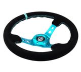 NRG Reinforced Steering Wheel (350mm/ 3in. Deep) Black Suede/ Teal Center Mark/ Teal Stitching RST-006S-TL