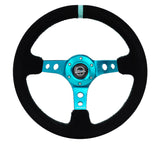 NRG Reinforced Steering Wheel (350mm/ 3in. Deep) Black Suede/ Teal Center Mark/ Teal Stitching RST-006S-TL