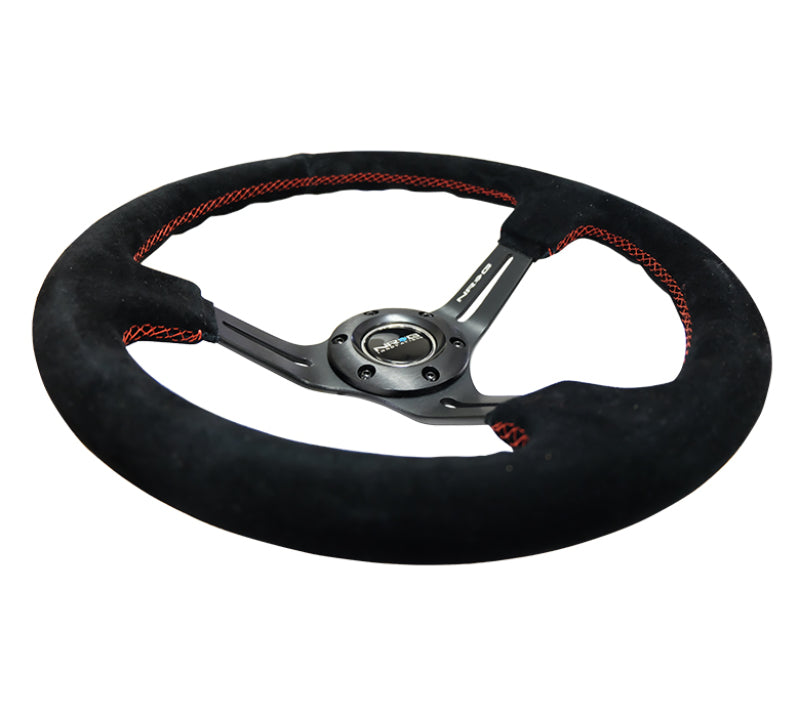 NRG Reinforced Steering Wheel (350mm / 3in. Deep) Blk Suede w/Red Stitching & 5mm Spokes w/Slits RST-018S-RS