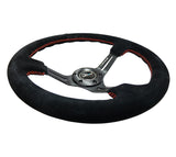 NRG Reinforced Steering Wheel (350mm / 3in. Deep) Blk Suede w/Red Stitching & 5mm Spokes w/Slits RST-018S-RS