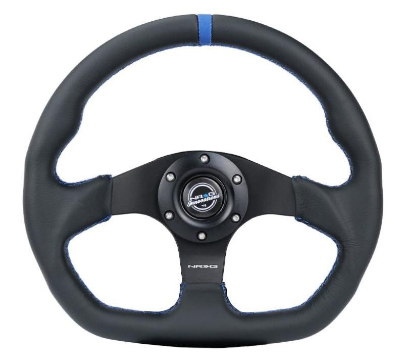 NRG Reinforced Steering Wheel (320mm) Sport Leather Flat Bottom w/ Blue Center/ Blue Stitching RST-024MB-R-BL