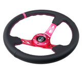 NRG Reinforced Steering Wheel (350mm/3in. Deep) Black Leather/ Fushia Center Mark/ Fushia Stitching RST-006FH