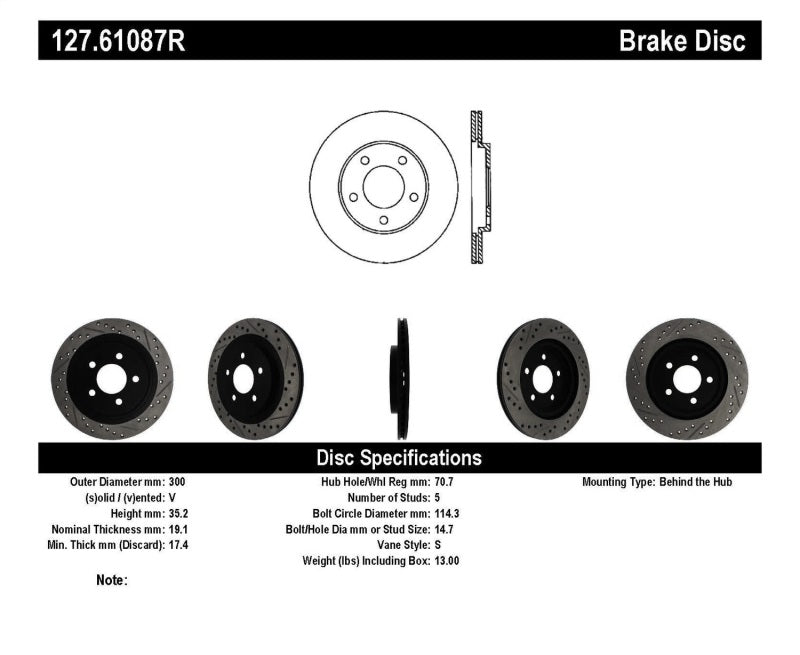 StopTech 05-10 Ford Mustang Slotted & Drilled Right Rear Rotor 127.61087R