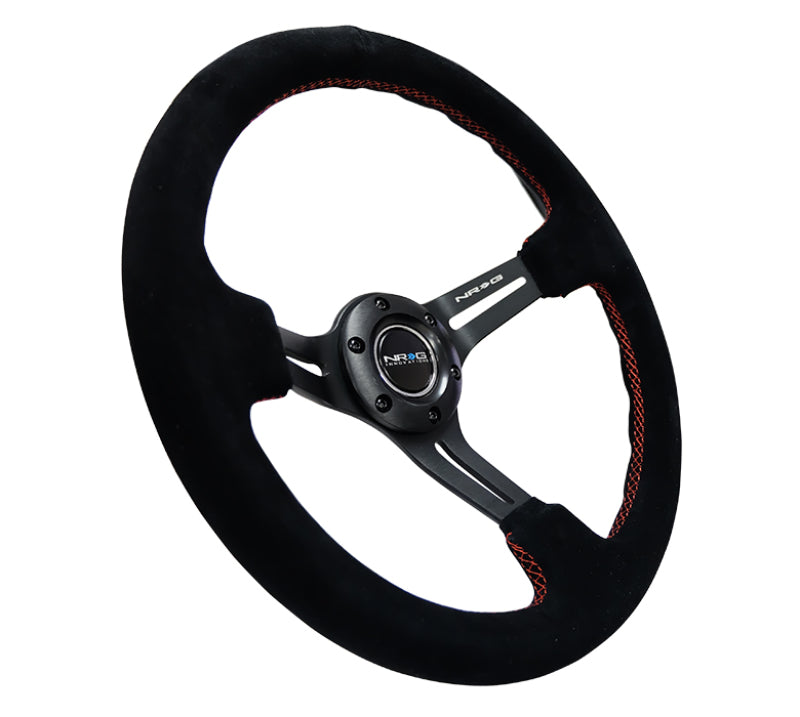 NRG Reinforced Steering Wheel (350mm / 3in. Deep) Blk Suede w/Red Stitching & 5mm Spokes w/Slits RST-018S-RS