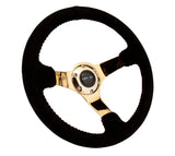 NRG Reinforced Steering Wheel (350mm / 3in. Deep) Blk Suede w/Red BBall Stitch & Chrome Gold 3-Spoke RST-036GD-S